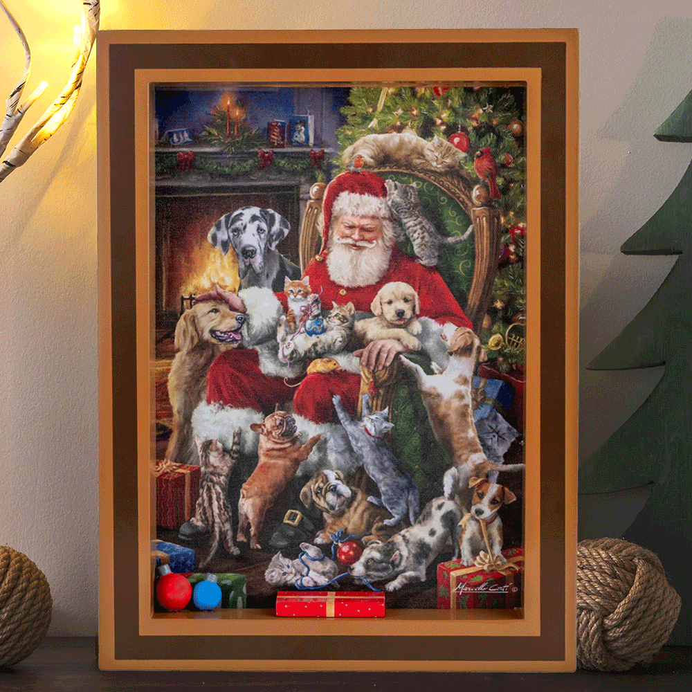 Limited Collector's Edition- Santa's Twas The Night Before Christmas with Dogs & Cats Shadow Box with Lights