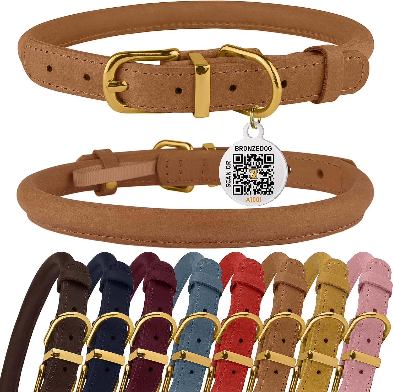 BRONZEDOG Rolled Leather Dog Collar with QR ID Tag