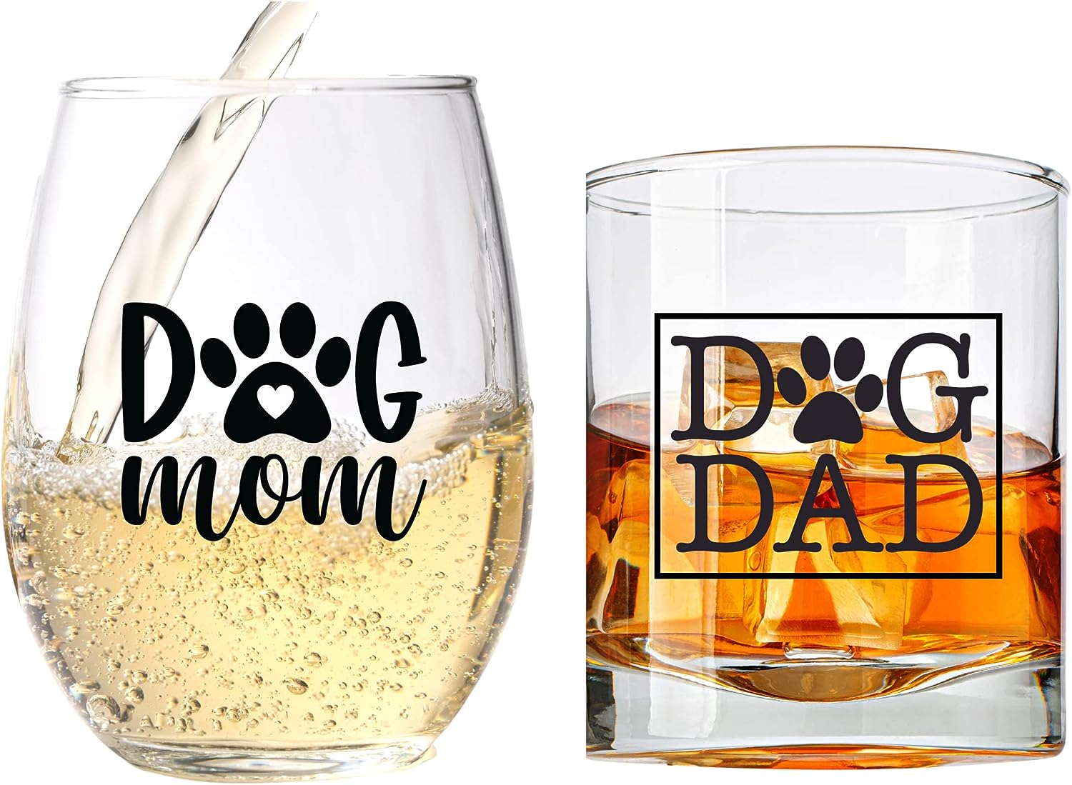 COOL AF Dog Mom Wine Glass and Dog Dad Whiskey Glass Set
