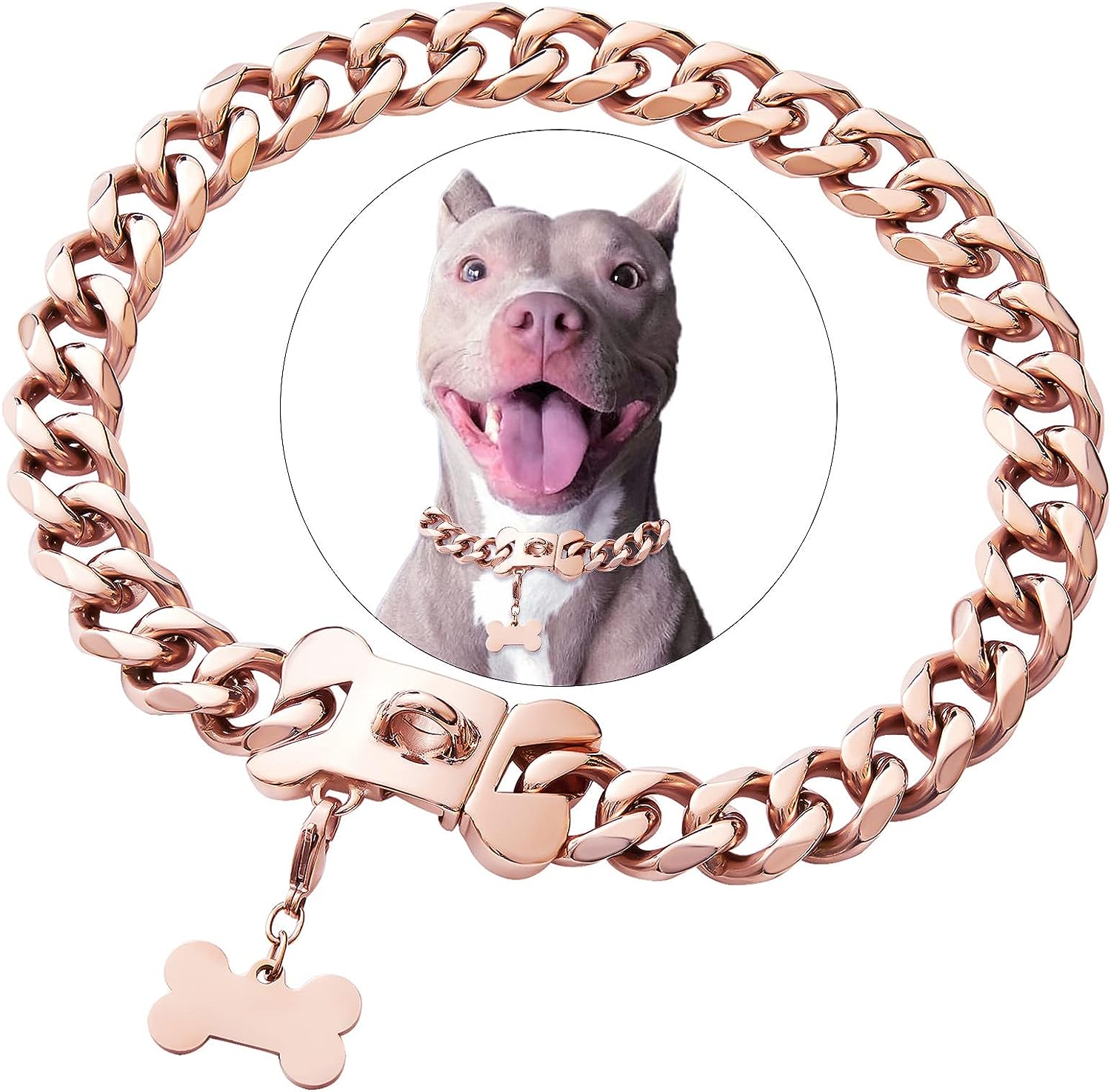 Petoo Rose Gold Stainless Steel Cuban Link Heavy Duty Dog Collar Necklace