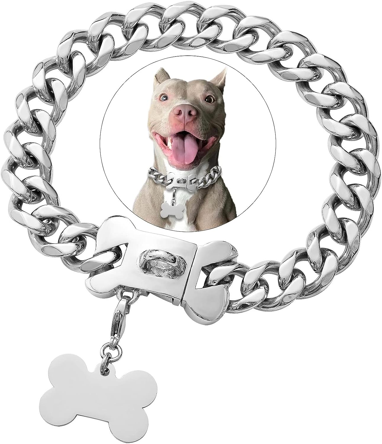 Petoo Stainless Steel Cuban Silver Link Heavy Duty Necklace Dog Collar