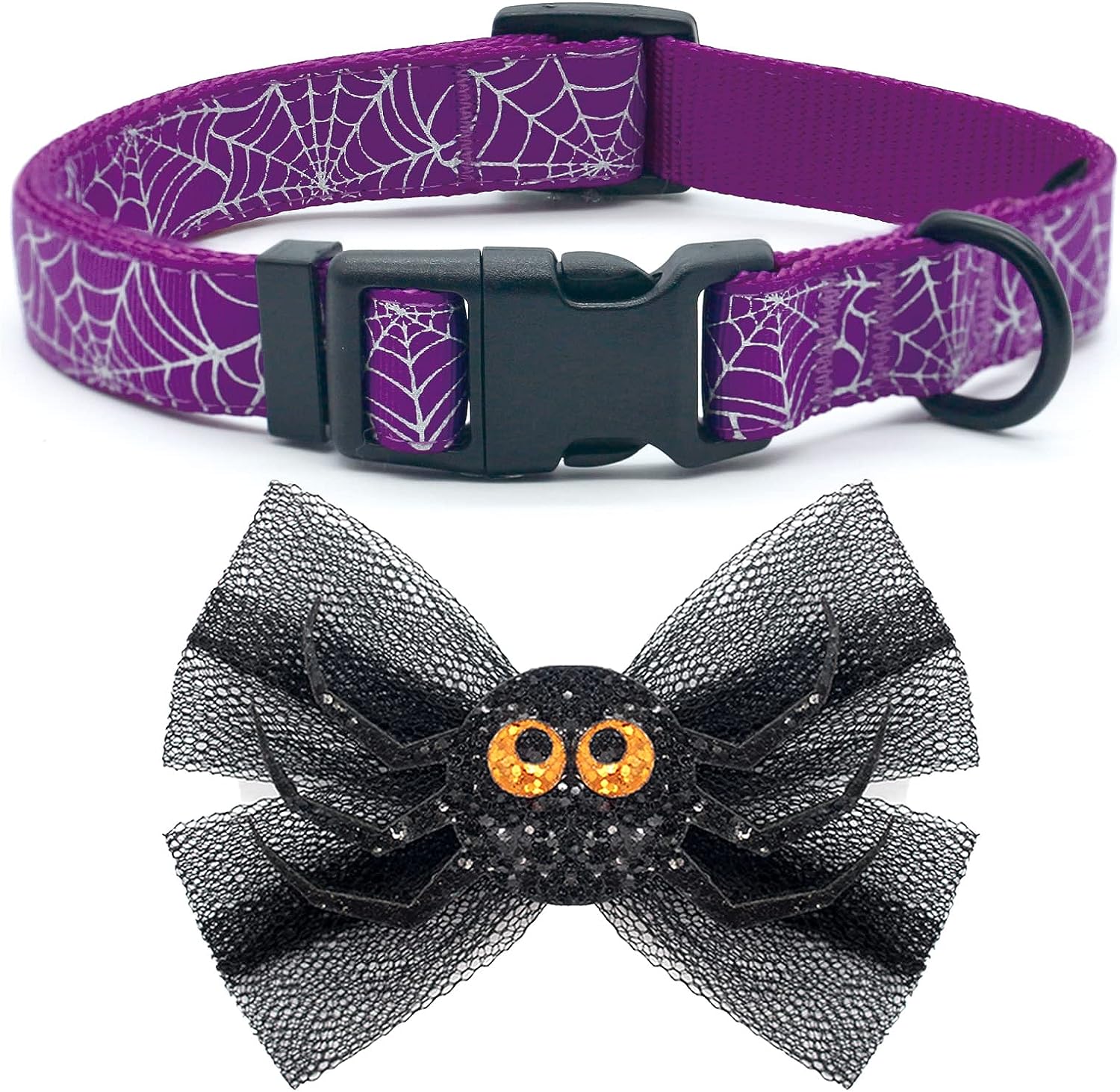 azuza Halloween Dog Collar with Sequined Spider and Lace Bow