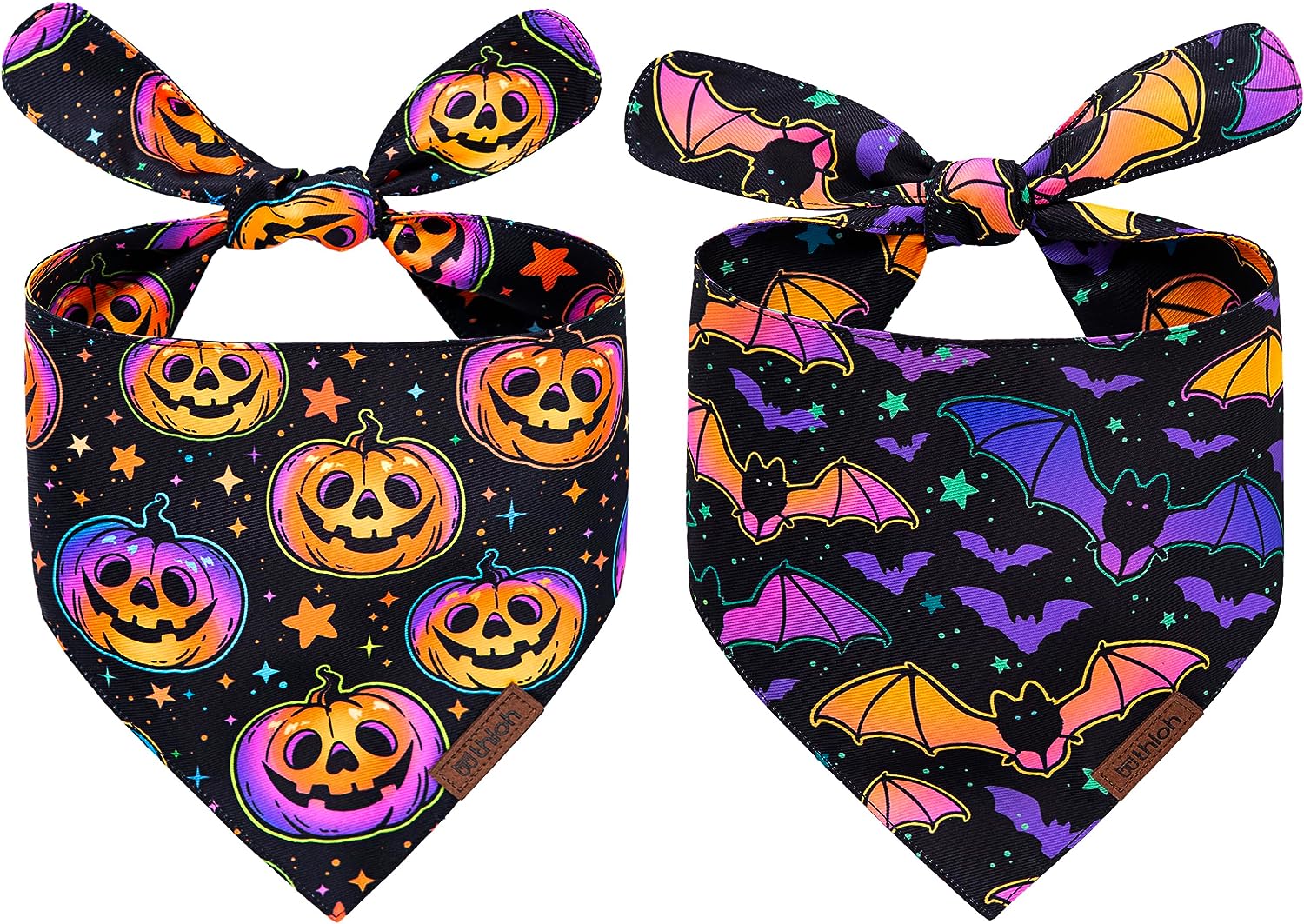 THLOH Halloween Dog Bandanas - 2 Pack Reversible Pumpkin and Bat Pet Scarf