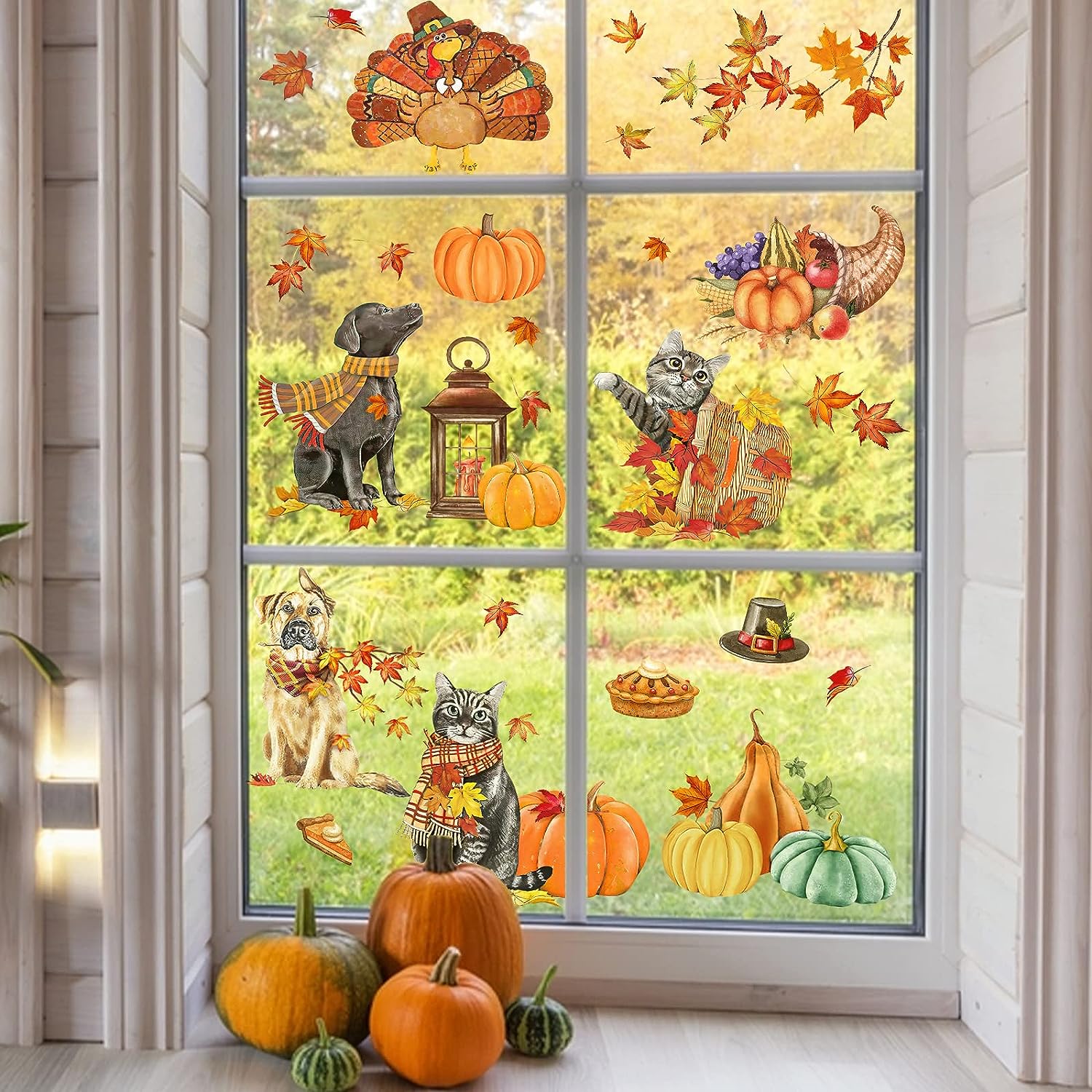 Yovkky Fall Thanksgiving Cats Dogs Turkey Maple Leaves Window Clings 9 Sheets