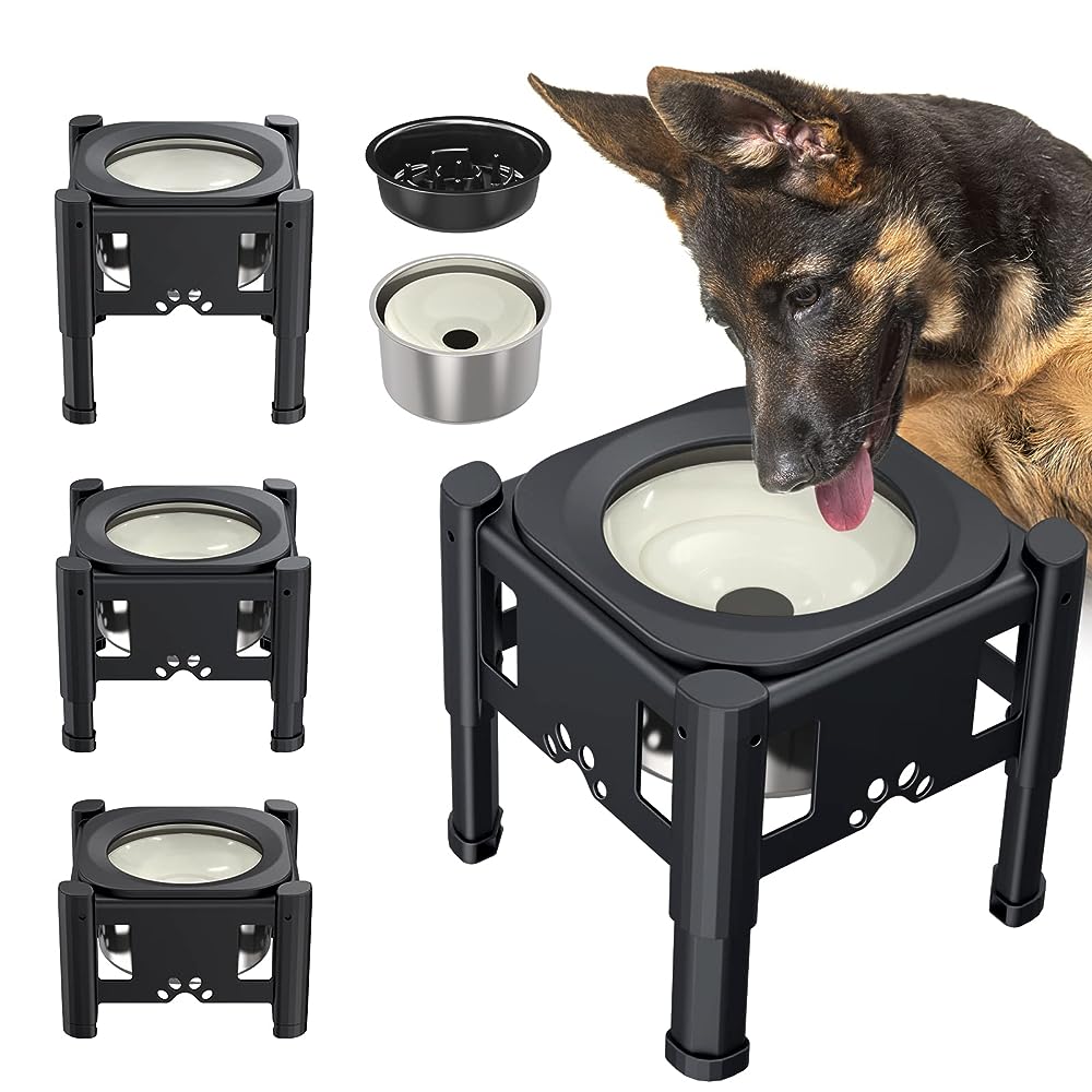 URPOWER Raised Slow Feeder Dog Bowls 4 Height Adjustable Elevated Dog Bowls  with Stainless Steel Dog Water Bowl and Dog Slow Feeder Non-Slip Dog Food