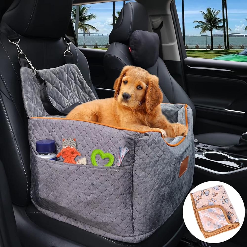 Dog Car Seat for Back Seat Pet Booster Seat Travel Puppy Bed with Safety  Belt Backseat Protector for Large/Medium/Small Dogs,Removable Washable Cover,  Storage Pockets,Fits Cars/Trucks/SUVsGrey 