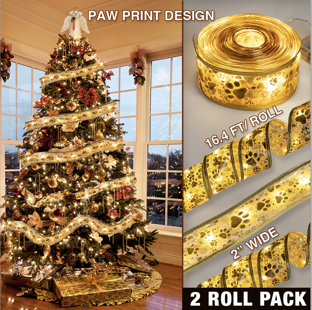 Christmas Ribbon Lights Dog Paws & Stars - Holiday Garland Lighted Decoration -Battery Operated 16.4 ft /roll - 2 Pack