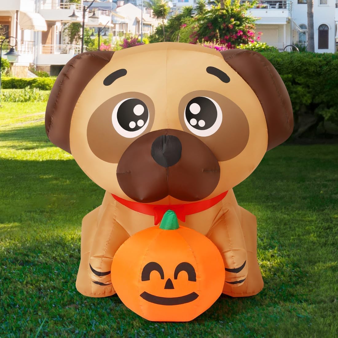 COMIN 5 FT Halloween Inflatables Pug Holding Pumpkin