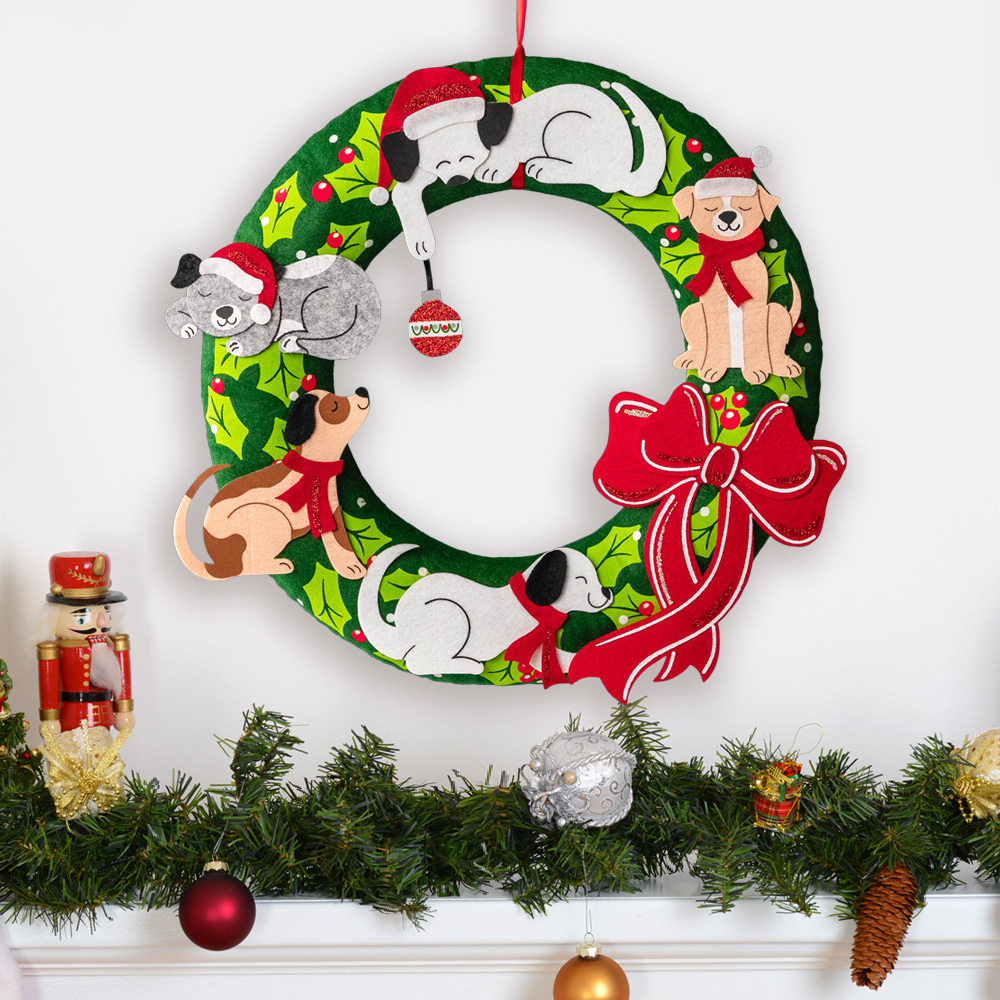Holiday Dogs Christmas Wreath- Hand Crafted Holiday Home Decor, Front Door, Fireplace Mantel, 15″ Soft Foam Felt Wreath- Deal 51% OFF