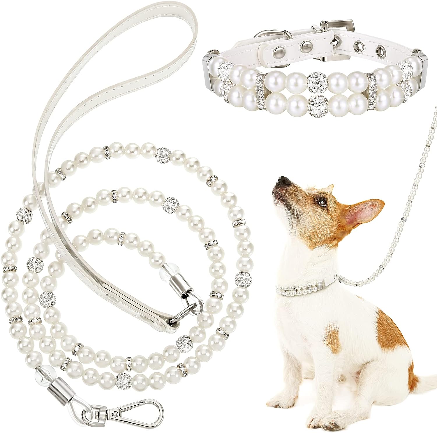 Weewooday 2 Pieces Dog Artificial Pearl Collars Leash Set for Dog