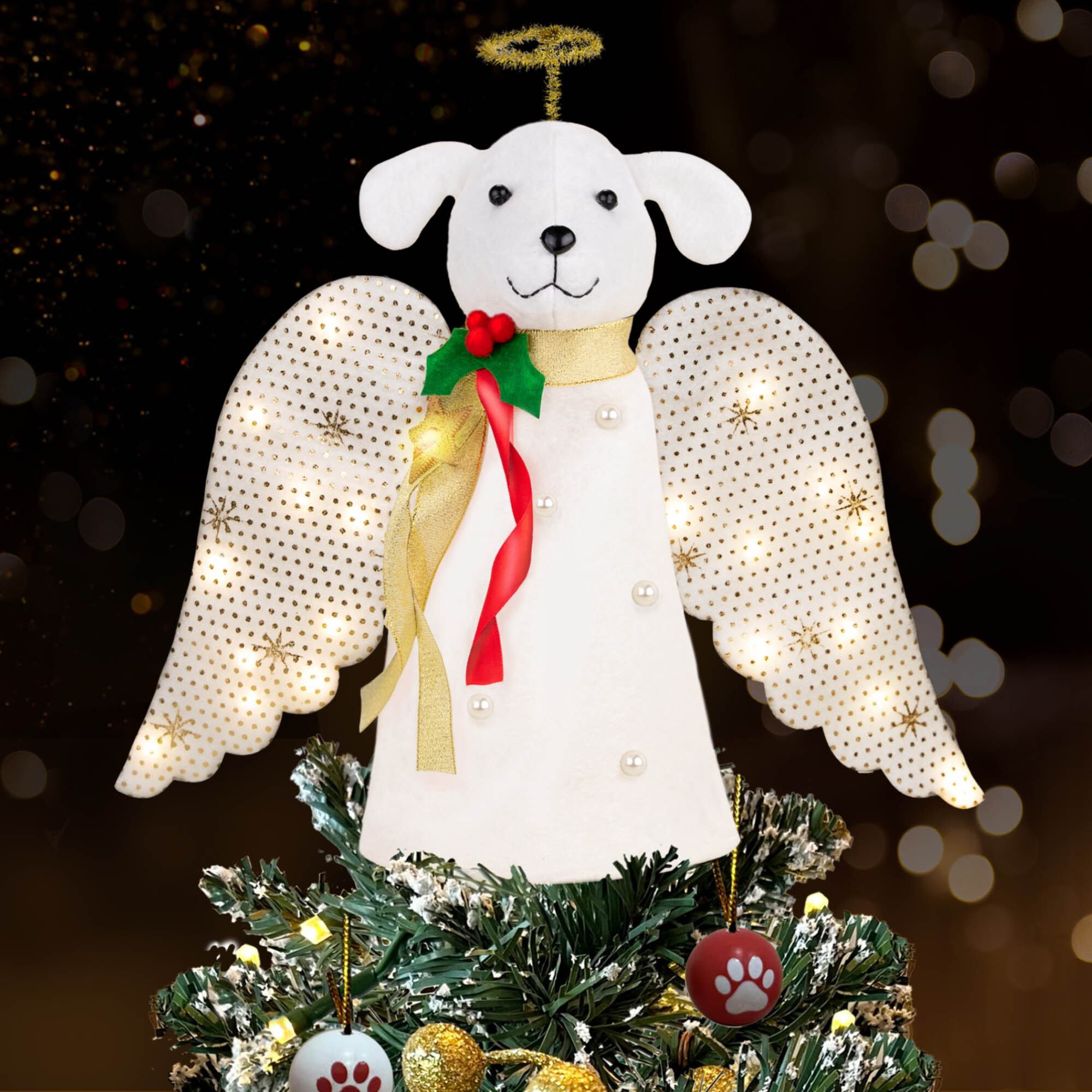 A ‘Christmas Miracle’ Angel Dog Tree Topper with Golden Sparkle Lighted Wings - Helps Feed 30 Hungry Shelter Dogs in Need