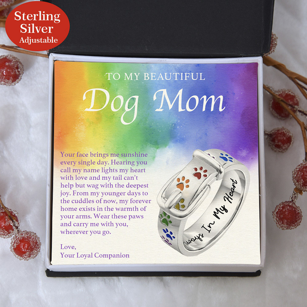 Image of Free! Dog Mom Sterling Silver Dog Paw Adjustable Ring includes Gift Box & "To My Beautiful Dog Mom" Gift Card