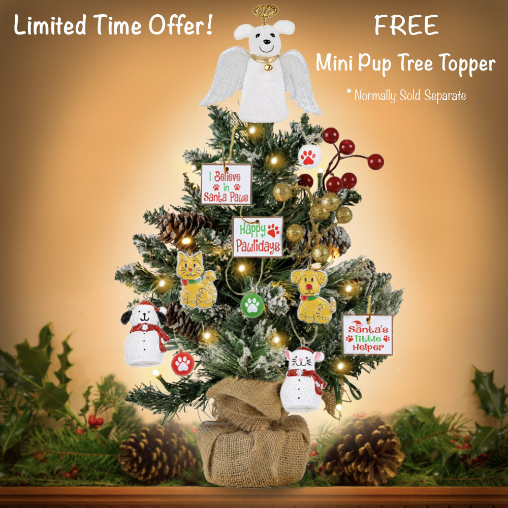 Mini 14" Table Top Christmas Tree includes FREE Mini Pup Tree Topper & 10 pc Dog & Cat Ornament Set -Battery Operated, LED String Lights, Flocking , Red Berries, Pinecones