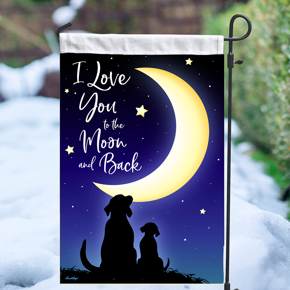 I Love you to the Moon and Back Dog Garden Flag - 2 Pups, a Crescent Moon & Starry Sky
