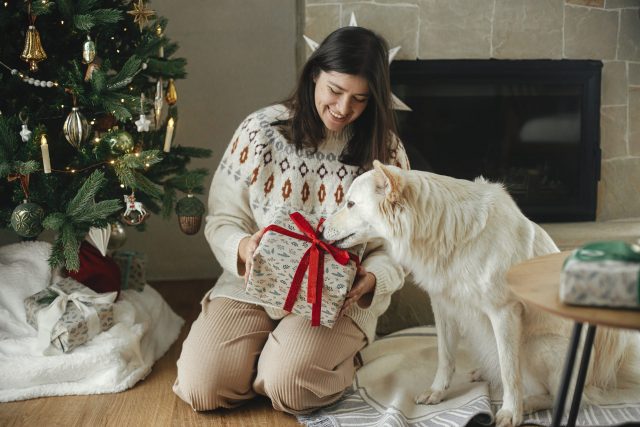 Opening Christmas present with dog