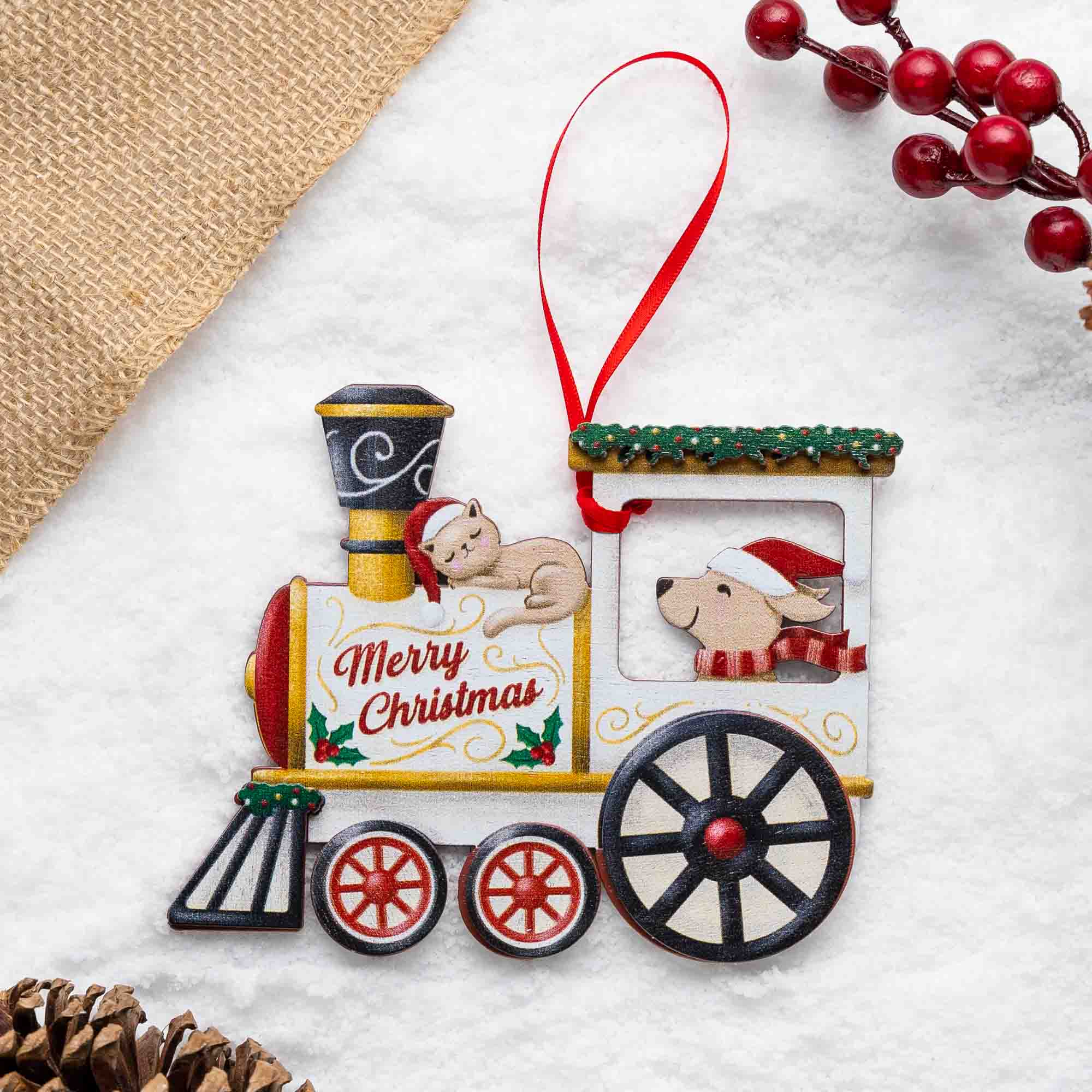 Merry Christmas Train Wooden Dog Ornament