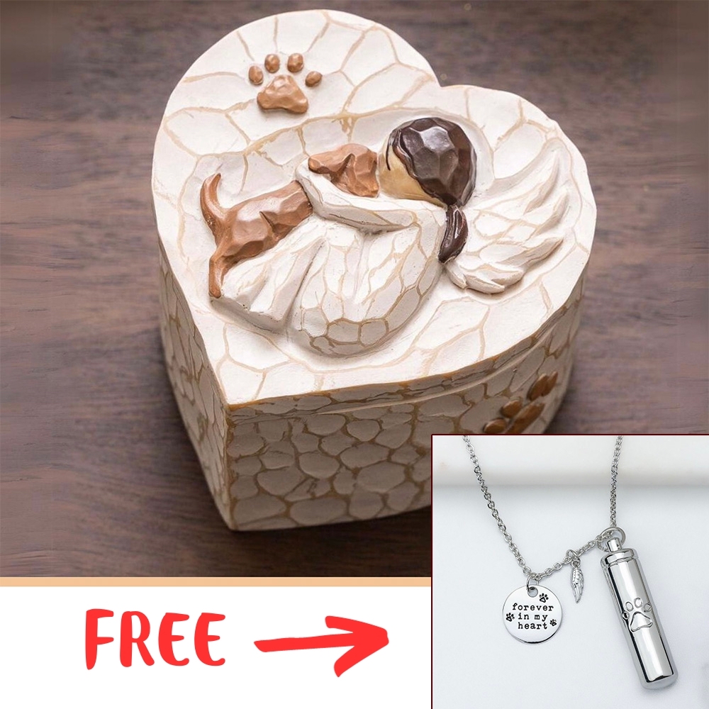 Image of FREE Forever In My Heart Memorial Dog Urn Necklace with Purchase of Sculpted, Hand-Painted Angel Dog Memorial Keepsake Box