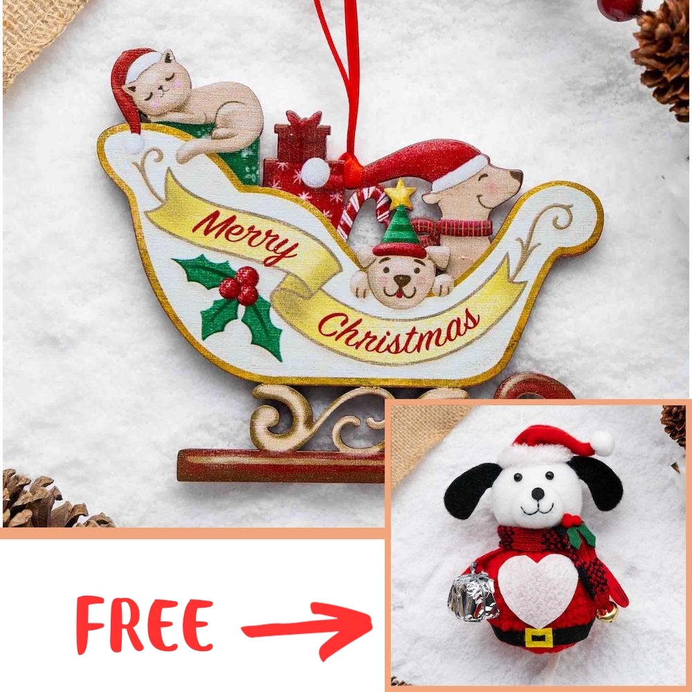 Image of FREE  Kringle The Rescue Pup Christmas Dog Ornament (4″ Tall) with purchase of Merry Christmas Sleigh Wooden Dog Ornament