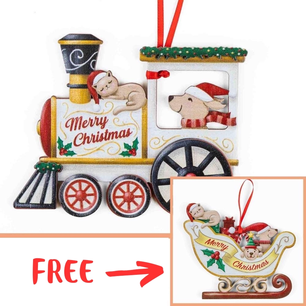 Image of FREE!  Wooden Train Dog Ornament with purchase of Merry Christmas Sleigh Wooden Dog Ornament