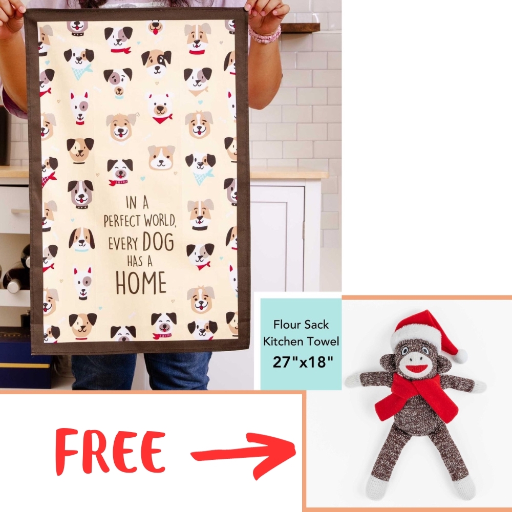 Image of FREE Your Dog’s Very Own Christmas Santa Sock Monkey with Purchase of In A Perfect World – 100% Cotton Flour Sack Dog Kitchen Dish Towel 27″ x 18″