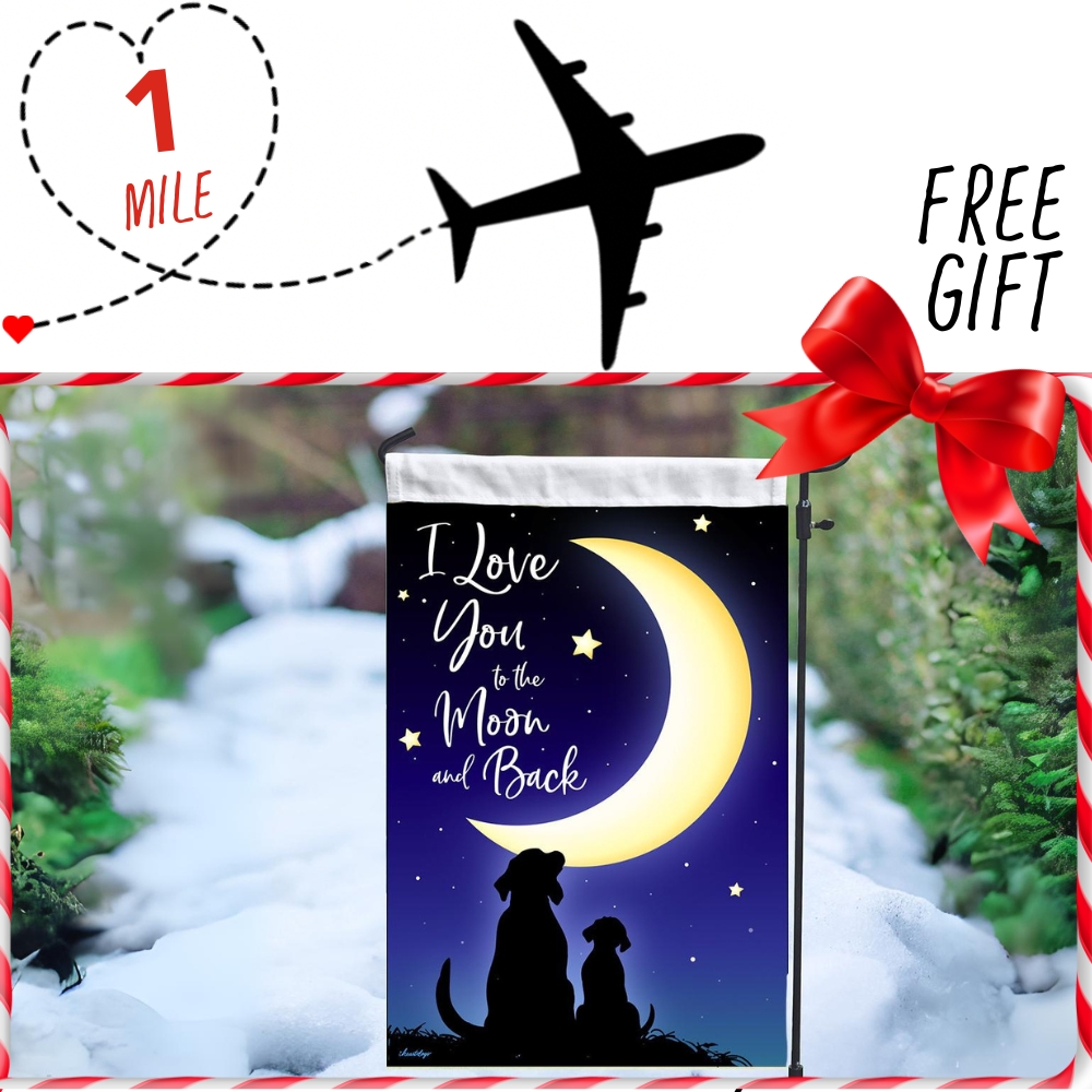 Image of Support Second Chance Santa Dog Rescue Flight and get this Gift of I Love you to the Moon and Back Dog Garden Flag - 2 Pups, a Crescent Moon & Starry Sky