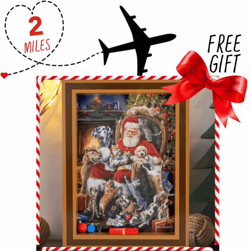 Image of Support Second Chance Santa Dog Rescue Flight and get this Gift of Limited Collector's Edition- Santa's Twas The Night Before Christmas with Dogs & Cats Shadow Box with Lights