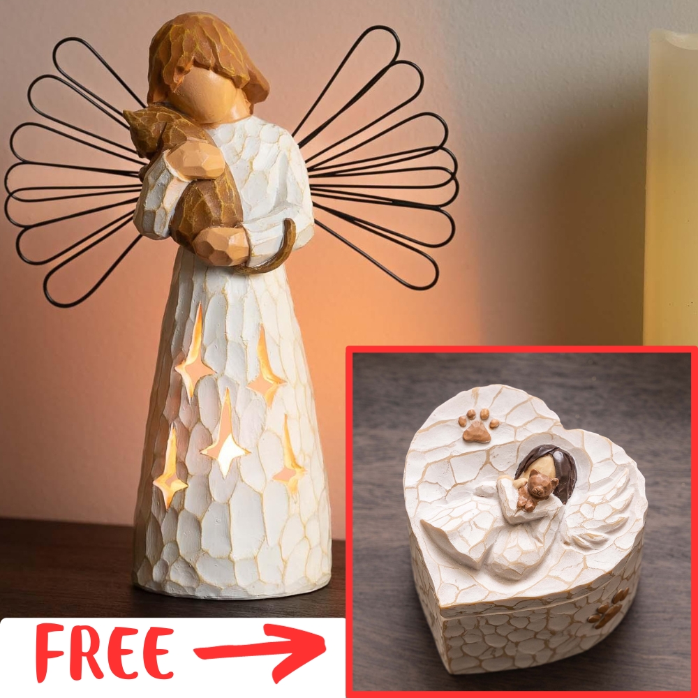 Image of FREE Matching Hand-Painted Angel Cat Keepsake Box with Purchase My Guardian Angel Memorial Cat Figurine with Flameless Candle