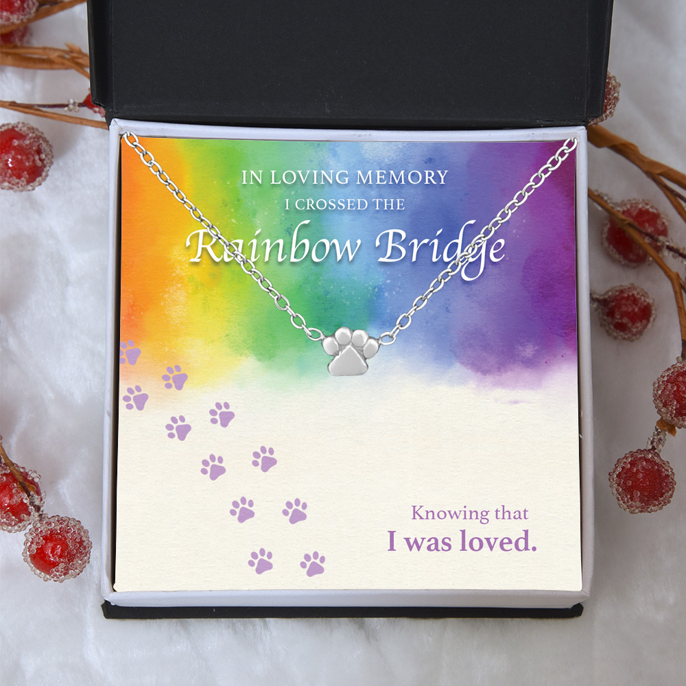 "In Loving Memory I Crossed The Rainbow Bridge" - One Paw Necklace Includes Gift Box & Card
