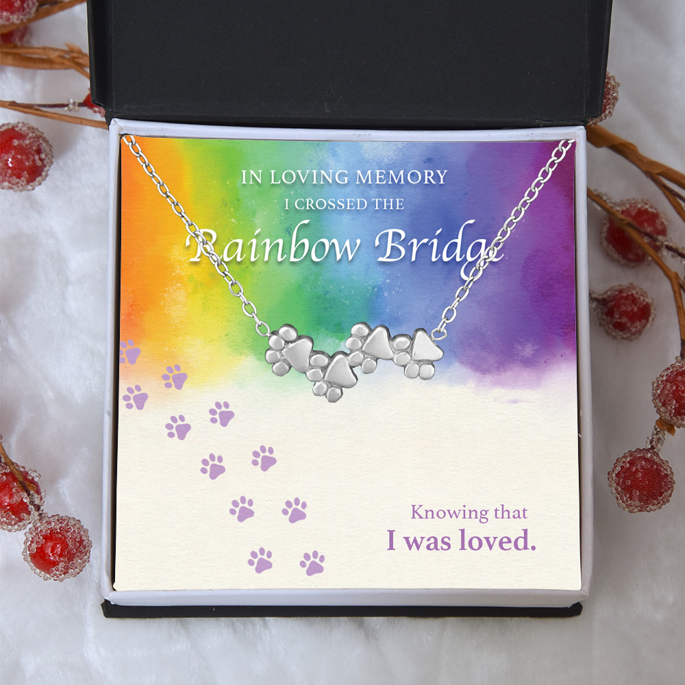 "In Loving Memory I Crossed The Rainbow Bridge" - Four Paw Necklace Includes Gift Box & Card