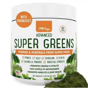 Super-Greens: Vitamin, Mineral & Probiotic Supplement for Dogs with Spirulina, Kelp, Green Tea, Spinach, Chlorella, & Broccoli Sprouts – 90 Scoops