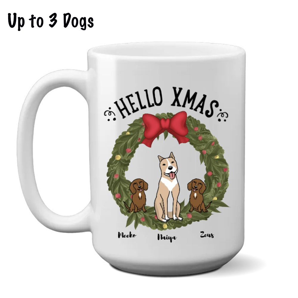 Hello XMAS Pups Mug Personalized (15 oz) – Choose Your Dog’s Breed and Name! – Super Deal $7.99