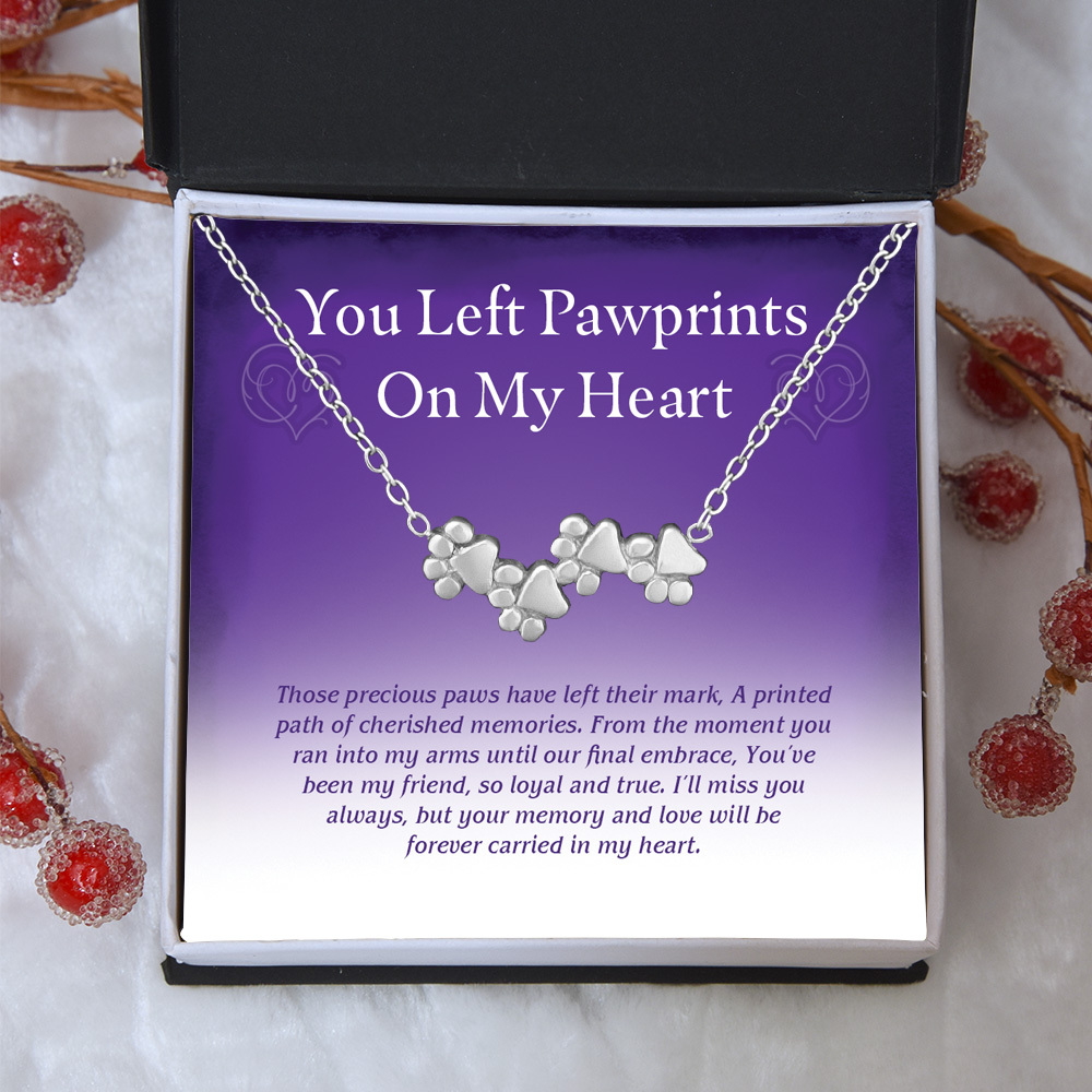 "You Left Pawprints On My Heart" - Four Paw Necklace Includes Gift Box & Card