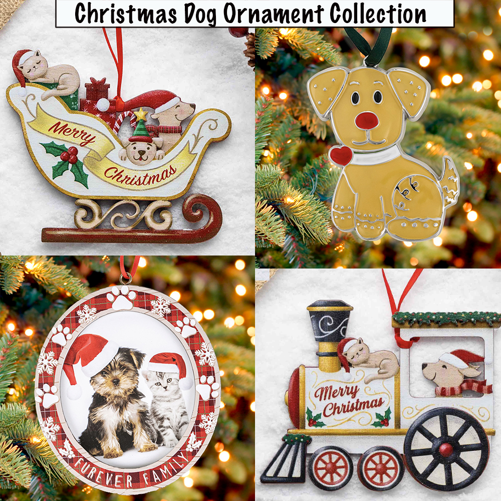 Image of Christmas Dog Ornament Collection - Includes : Wooden Holiday Sleigh & Train, Gingerbread Pup and Christmas Plaid Photo Ornament