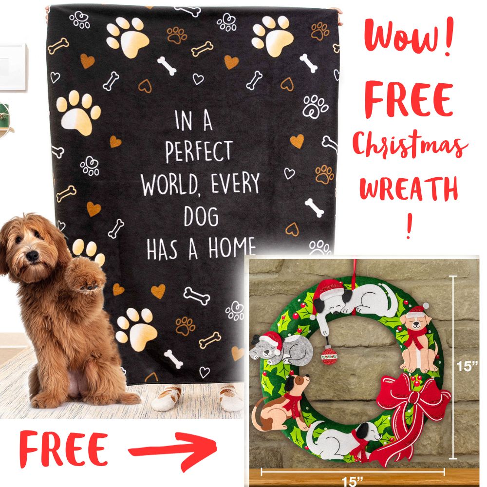 Image of Get a FREE Holiday Dogs Christmas Wreath With Purchase of In A Perfect World Every Dog Has A Home Polar Fleece Blanket - 50″x 60″
