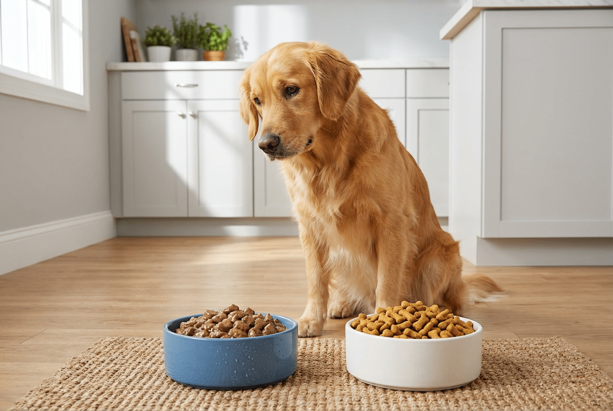 dog looking at two bowls of food