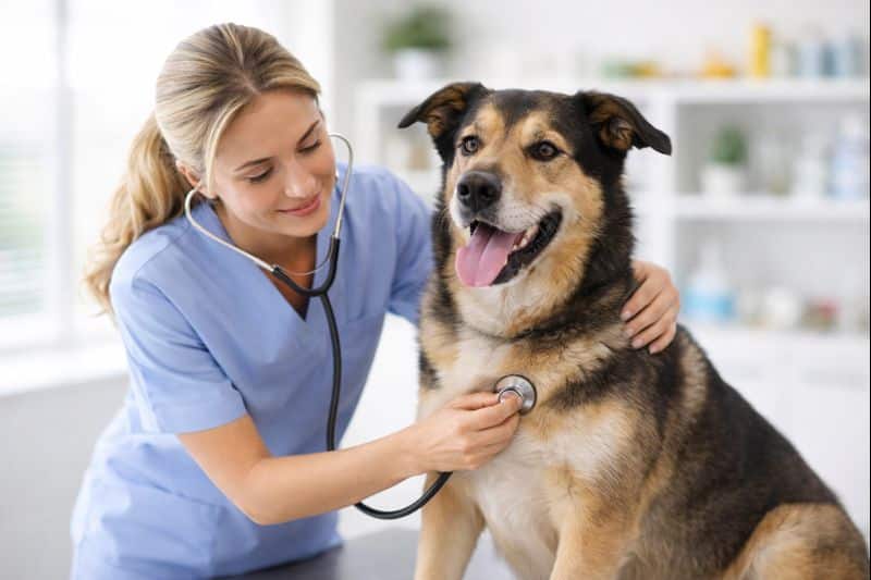 veterinarian listening to dog's chest with stethoscope