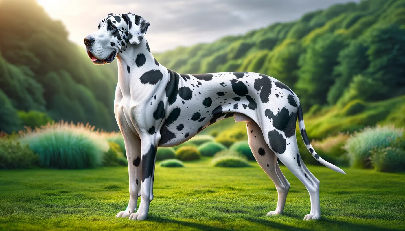Harlequin Great Dane with white base coat and black patches