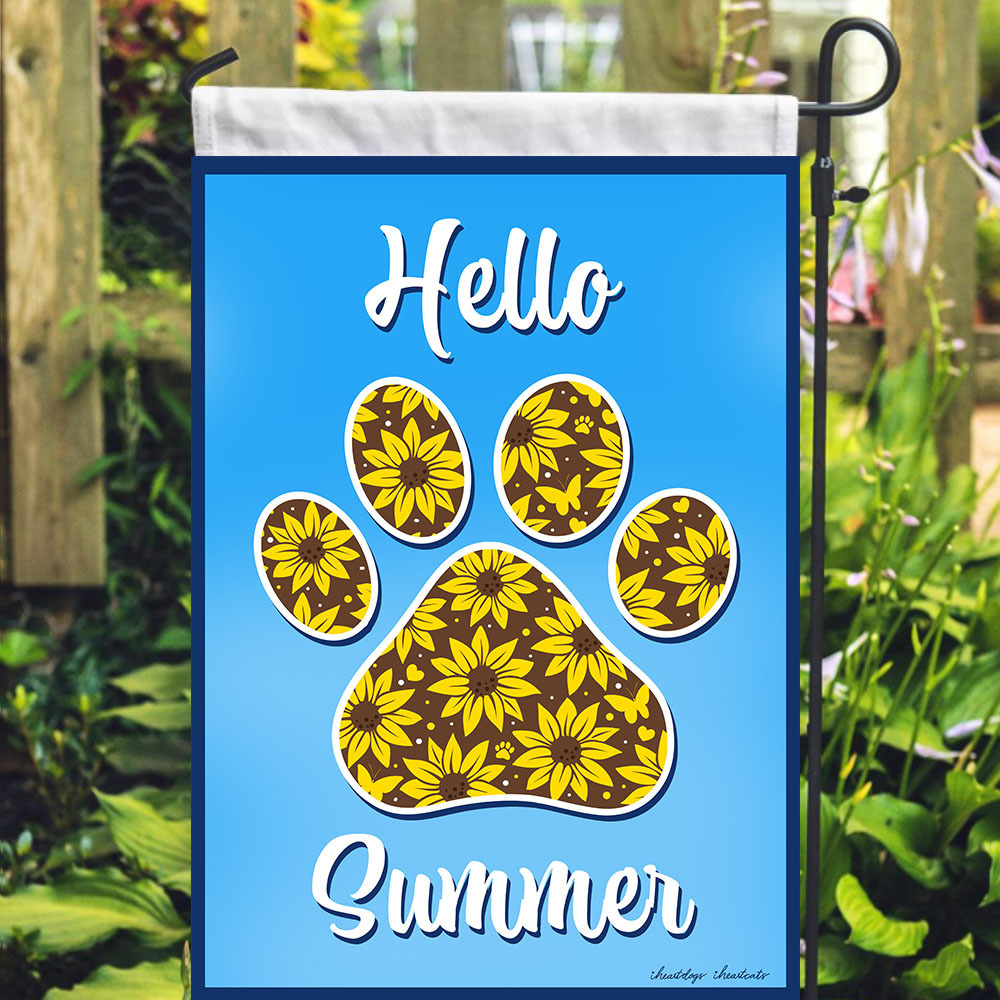Hello Summer Sunflower Paw Garden Flag