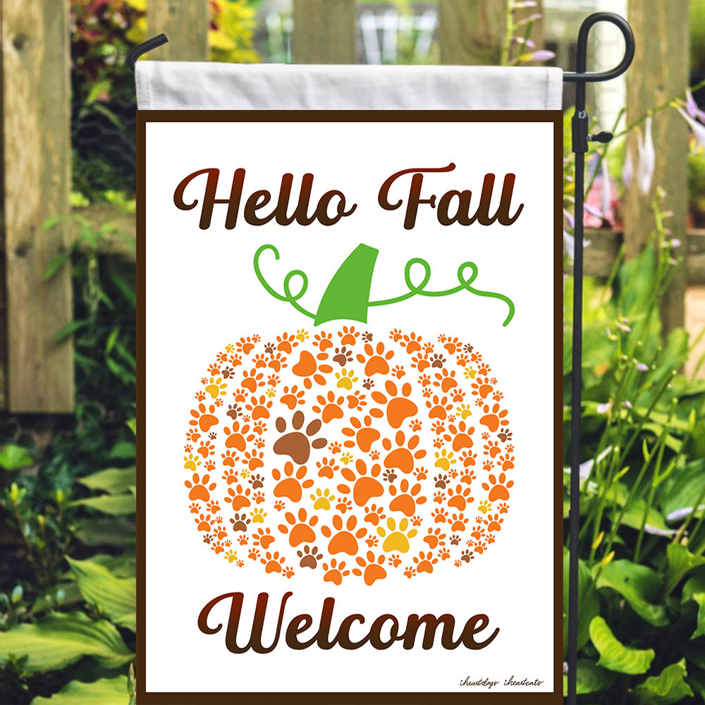 Hello Fall Welcome Pumpkin w/ Paws Garden Flag