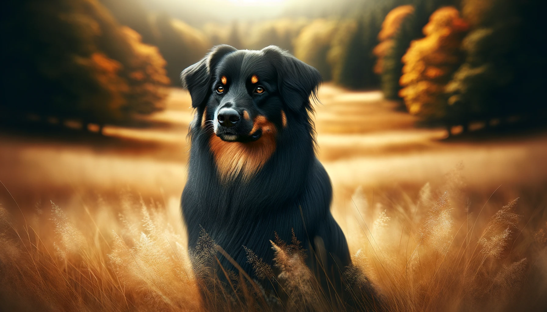 Black Australian Shepherd with glossy dark coat standing in autumn meadow