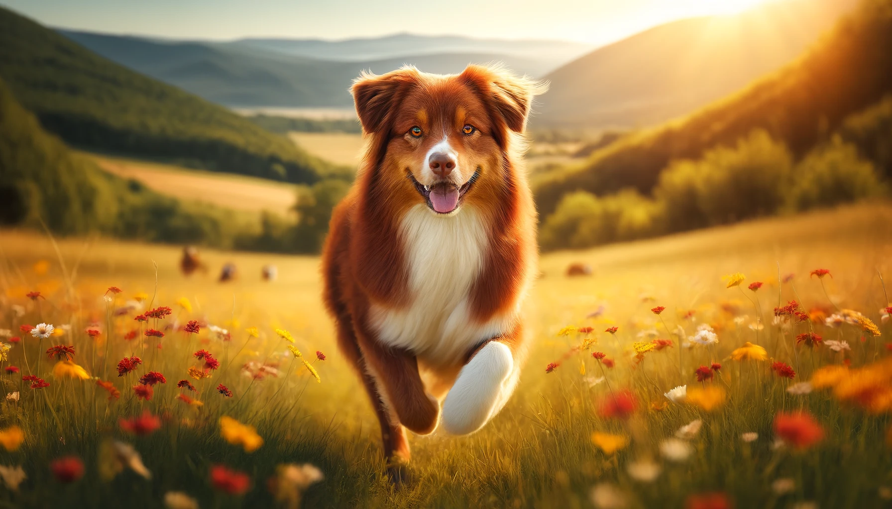 Red or liver Australian Shepherd with warm cinnamon coat in sunny meadow