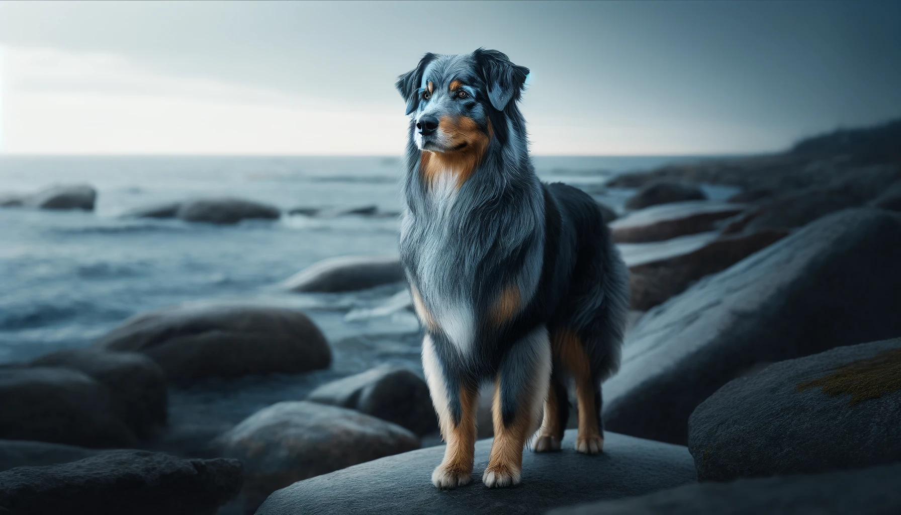 Blue dilute Australian Shepherd with smoky charcoal gray coat near coastal setting