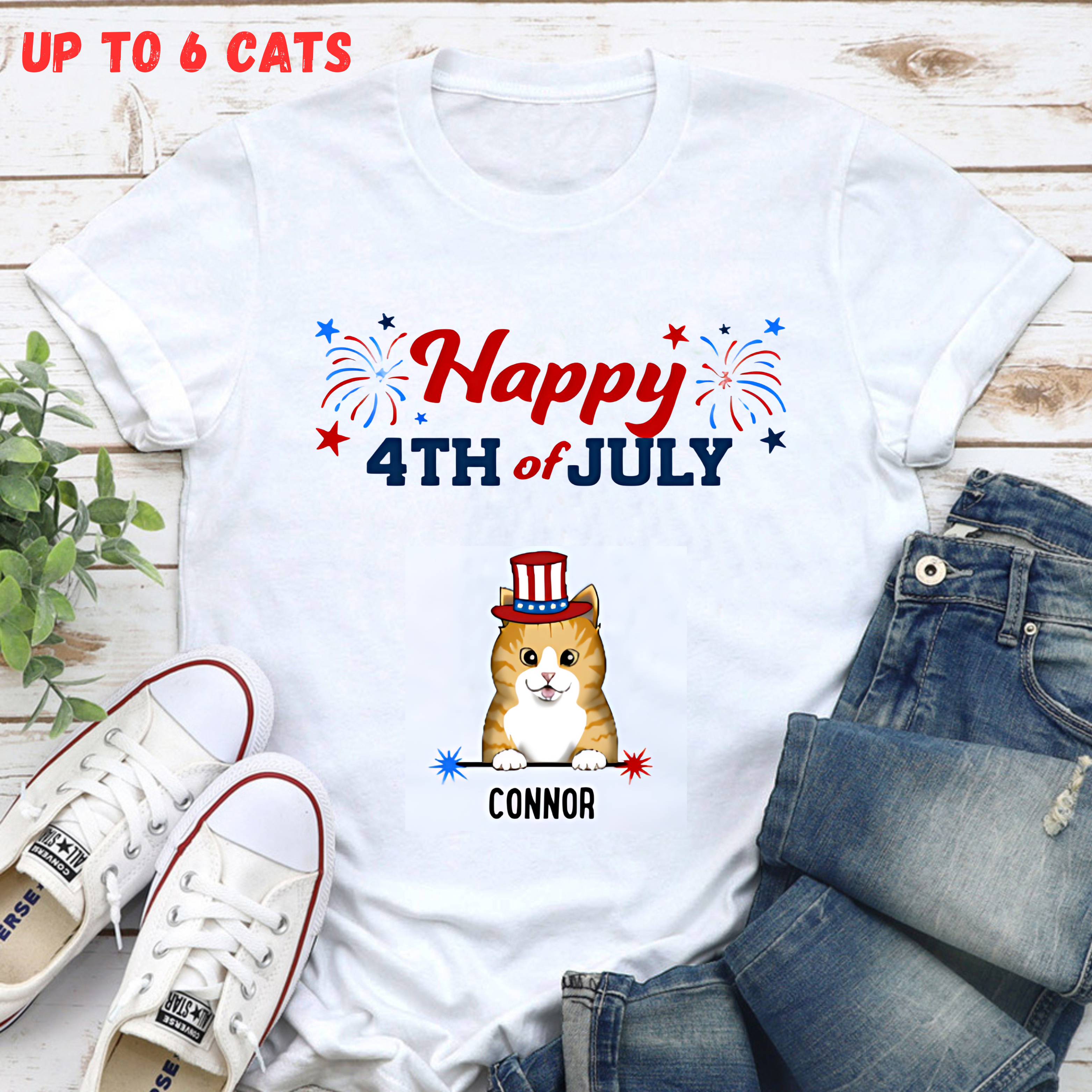 Happy 4th Of July Cats Personalized Standard Tee White- Choose Your Cat’s Breed and Name (Up to 6 Cats)