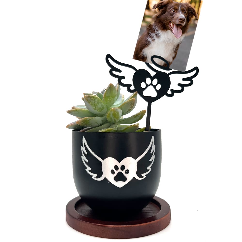 Second Chance Movement Forever in My Heart Dog Paw Wing Garden Pot with Angel Wing Photo Stake - Inspirational Memorial Indoor Outdoor Garden Flower Pot