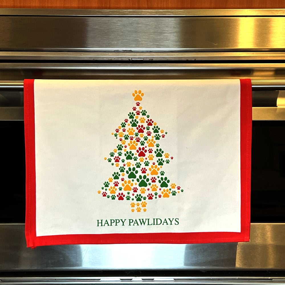 Happy Pawlidays Christmas Tree Dog Paws Kitchen Dish Towel- 27.5″ x 19.5″