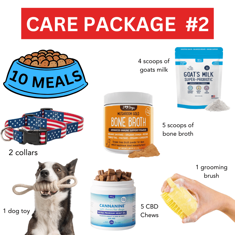 Name A Dog - Dallas Dog Rescue  - Care Package Includes: 1 Rope Toy, 1 Dog Grooming Bath Brush Scrubber-  Soft Silicone Shampoo Massage Dispenser, 2 Collars, 5 CBD Bacon Chews, 5 Scoops Bone Broth With Mushroom, 4 scoops Goat Milk, 10 Meals For Dogs in Need for $30