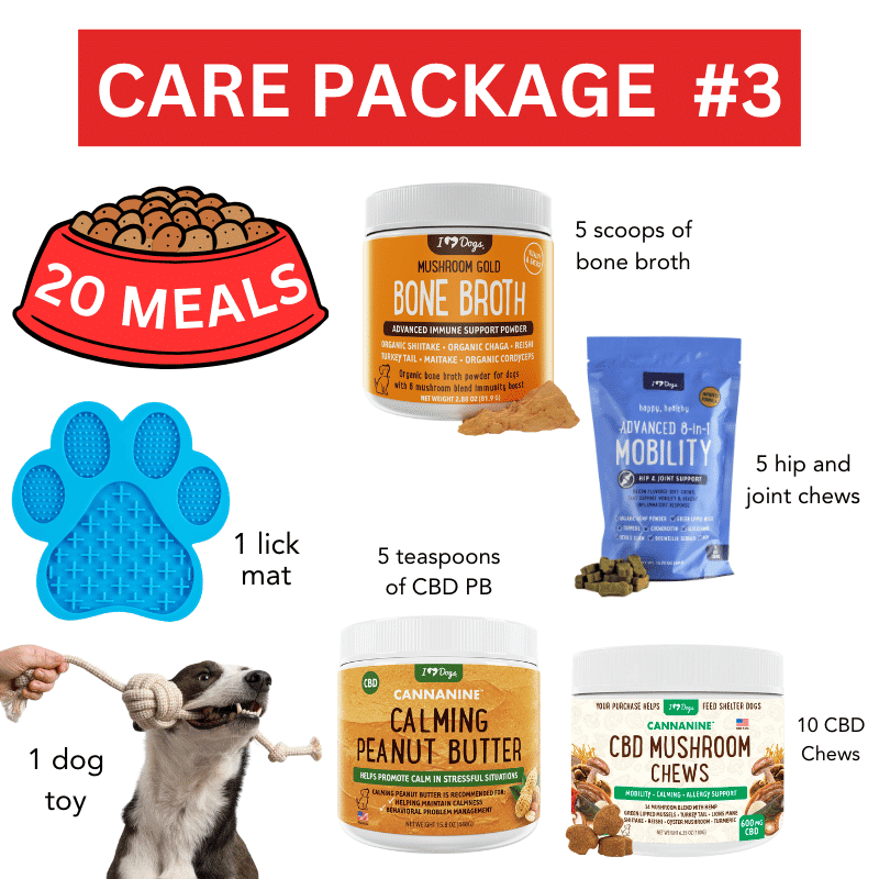 Name A Dog - Dallas Dog Rescue  - Care Package Includes: 1 Rope Toy, 1 Lick Mat, 10 Mushroom Chews, 5 Scoops Bone Broth With Mushroom, 5 Teaspoons of CBD Peanut Butter, 5  Hip & Joint Chews, 20 Meals For Dogs in Need for $50