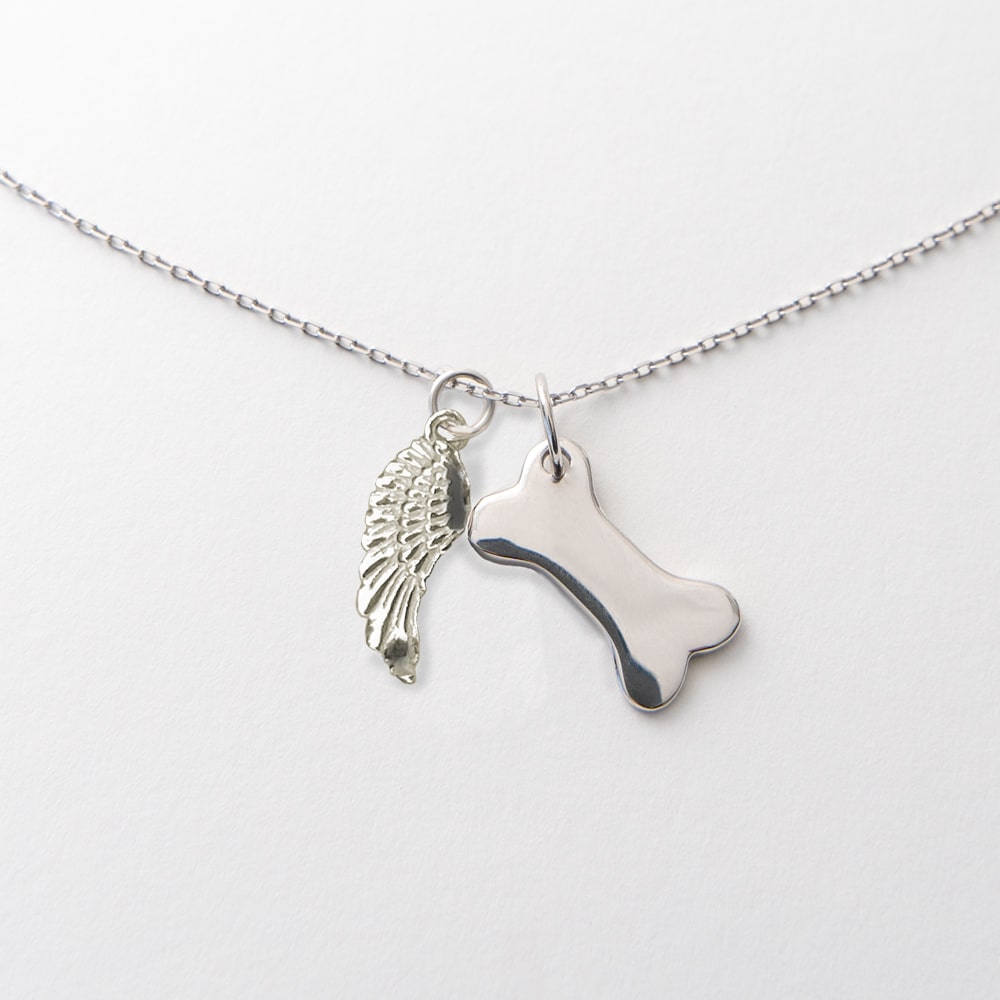 Always In My Heart Dog Memorial Sterling Silver Necklace with Bone & Angel Wing Pendants and Gift Packaging