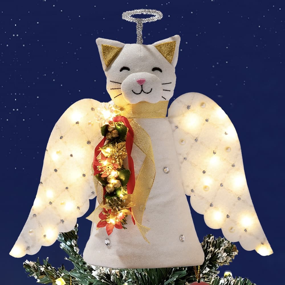 A ‘Christmas Miracle’ Angel Cat Tree Topper- Lighted Poinsettia Garland & Wings – Helps Feed 30 Hungry Shelter Cat in Need