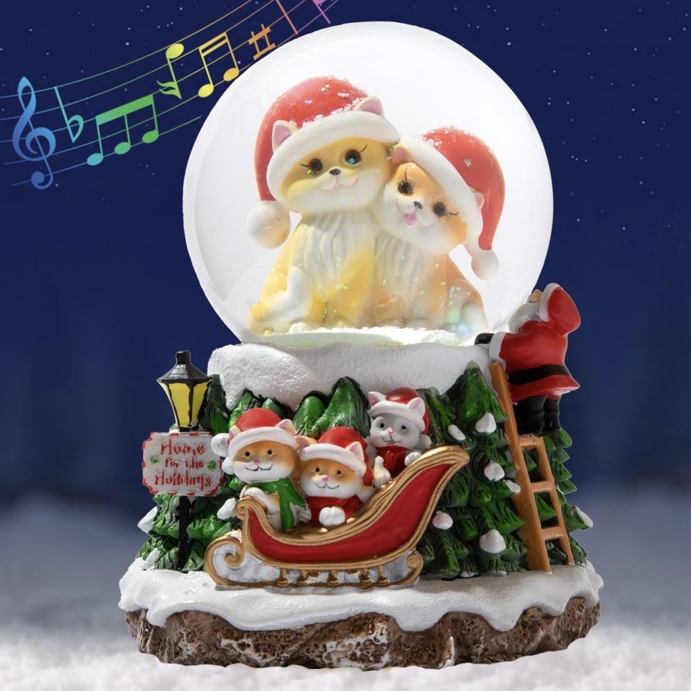 Home For The Holidays Christmas Musical, Water Glittering Cat Snow Globe – Plays 7 Traditional Holiday Songs Including Jingle Bells & Color Changing Lights